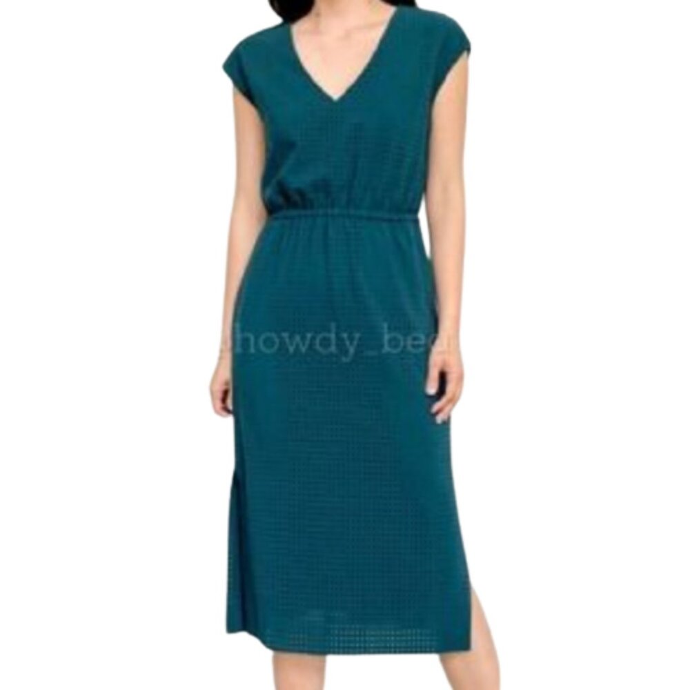 J. Crew Emerald Green Dress Laser-Cut Print E3834 High Side Slits V-Neck